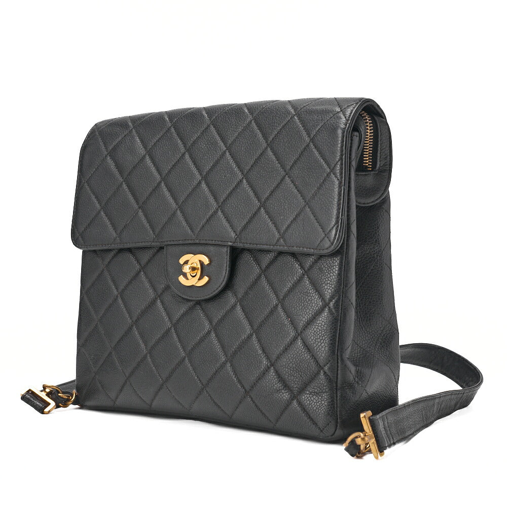 Gebrauchte Rucksacktasche mit Kette, Matelassé, Drehverschluss, Kaviarhaut, Schwarz, goldfarbene Metallteile, gebraucht