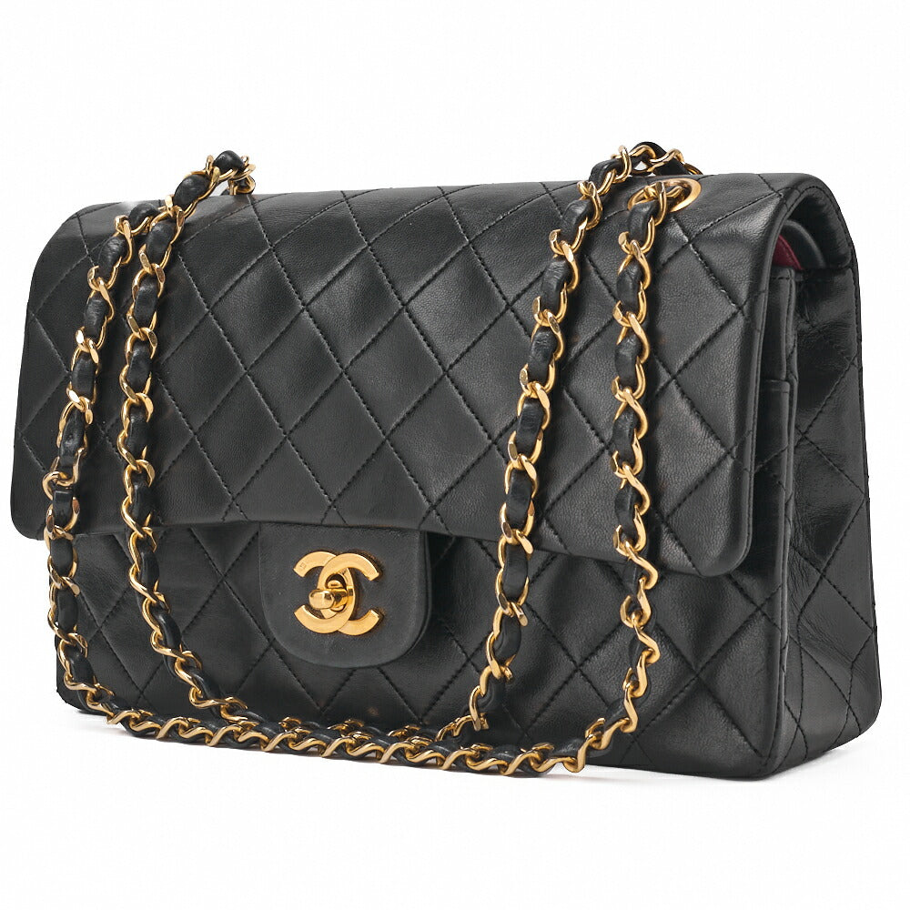 Pre-Owned Kette Schultertasche Matelassé Doppelklappe Lammleder Schwarz Goldfarbene Hardware Pre-Owned