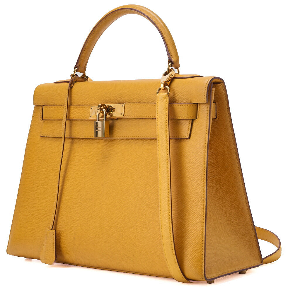 Gebrauchte Kelly 32 Handtasche, Kushbel Gelb, Goldfarbene Hardware, Gebraucht