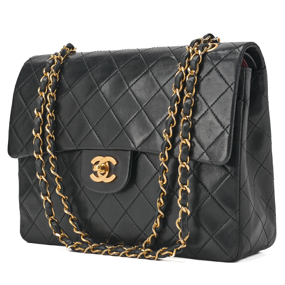 Pre-Owned Schultertasche Matelassé Doppelklappe Vertikale Kette Lammleder Schwarz Goldfarbene Hardware Pre-Owned