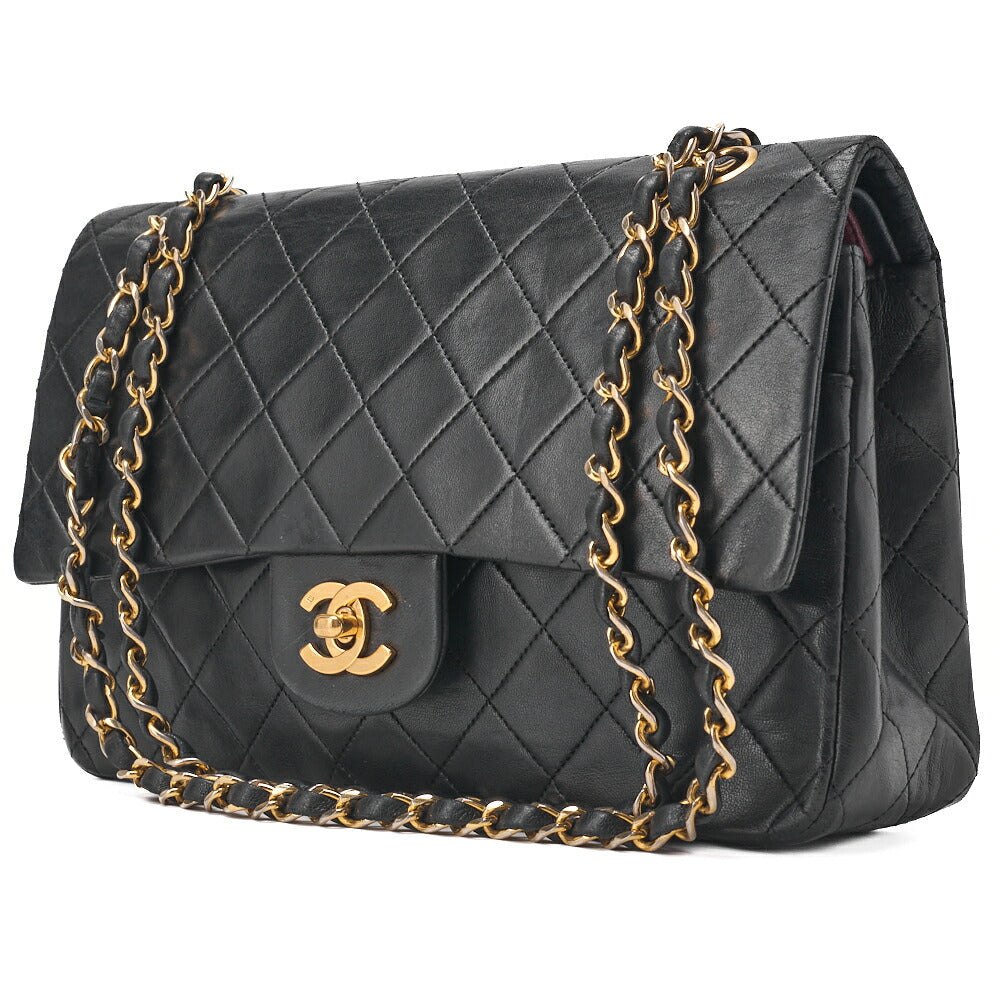 Pre-Owned Kette Schultertasche Matelassé Doppelklappe Lammleder Schwarz Goldfarbene Hardware Pre-Owned