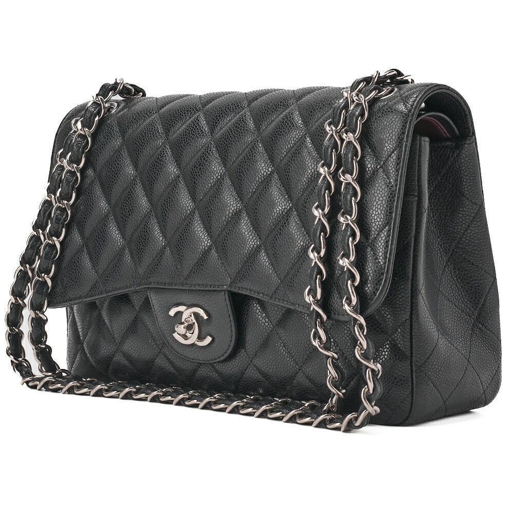 Pre-Owned Chain Shoulder Bag Deca Matelassé Caviar Skin Schwarz Silberfarbene Hardware Pre-Owned