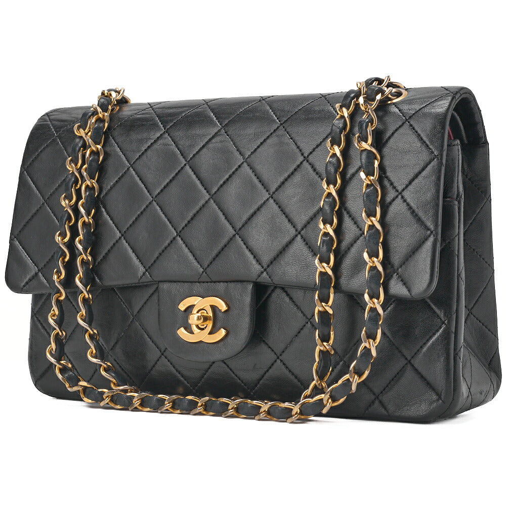 Pre-Owned Kette Schultertasche Matelassé Doppelklappe Lammleder Schwarz Goldfarbene Hardware Pre-Owned