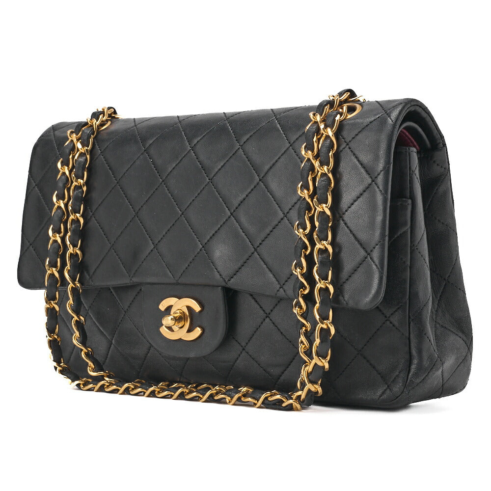Pre-Owned Kette Schultertasche Matelassé Doppelklappe Lammleder Schwarz Goldfarbene Hardware Pre-Owned