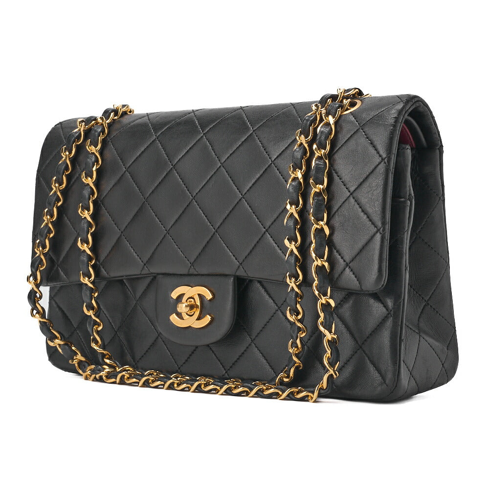 Pre-Owned Kette Schultertasche Matelassé Doppelklappe Lammleder Schwarz Goldfarbene Hardware Pre-Owned