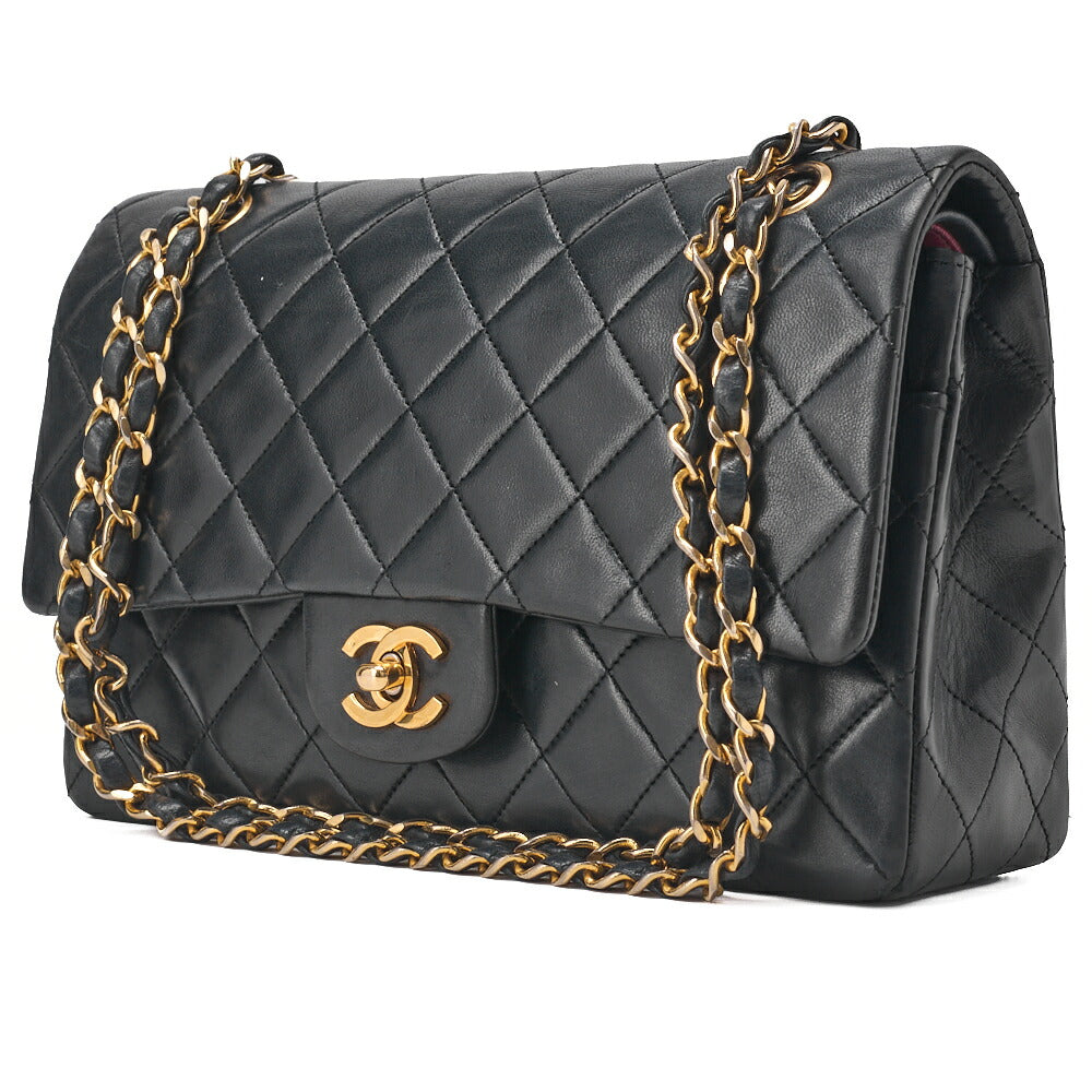 Pre-Owned Kette Schultertasche Matelassé Doppelklappe Lammleder Schwarz Goldfarbene Hardware Pre-Owned