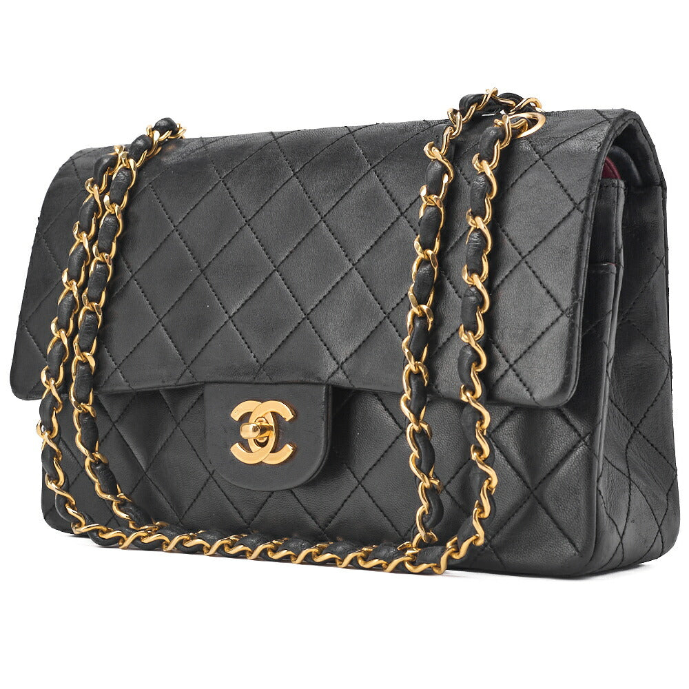 Pre-Owned Kette Schultertasche Matelassé Doppelklappe Lammleder Schwarz Goldfarbene Hardware Pre-Owned