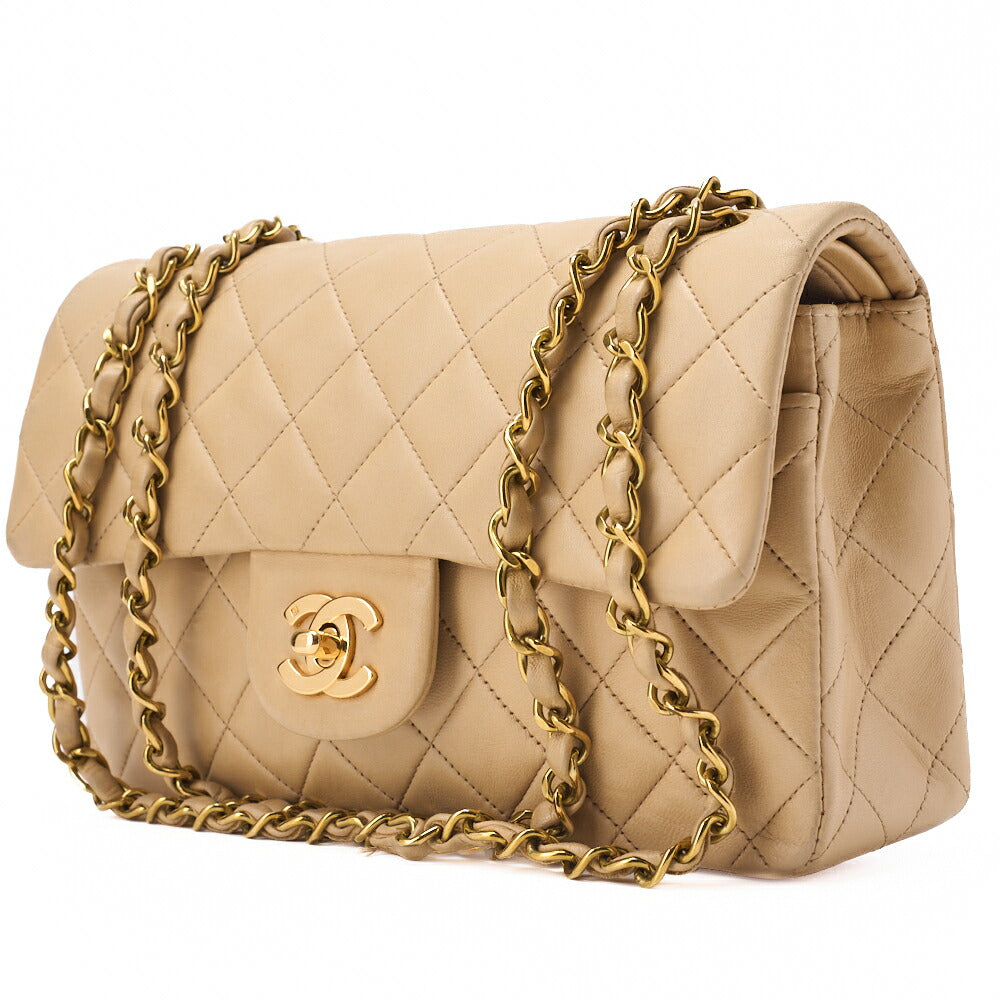 Pre-Owned Kette Schultertasche Matelassé Doppelklappe Lammleder Beige Goldfarbene Hardware Pre-Owned