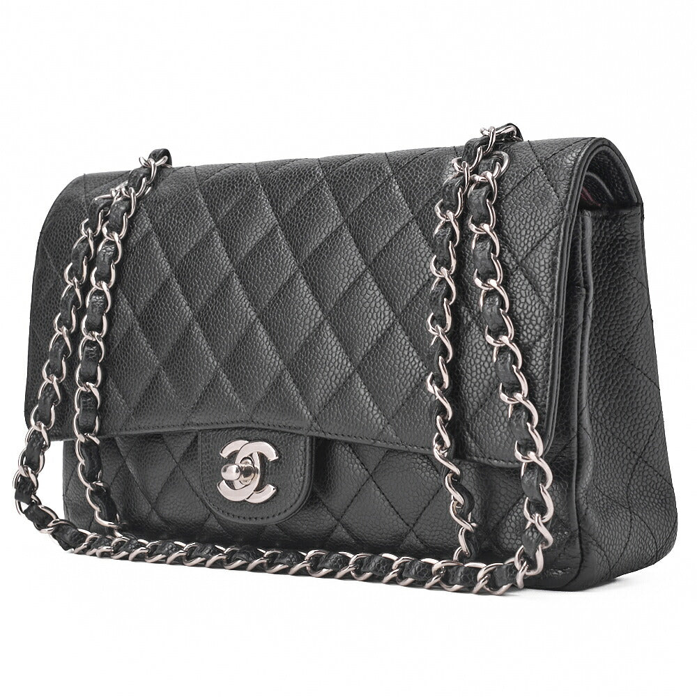 Pre-Owned Kette Schultertasche Matelassé Doppelklappe Kaviar Haut Schwarz Silberfarbene Hardware Pre-Owned