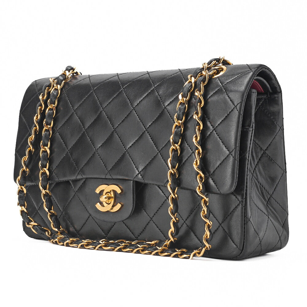 Pre-Owned Kette Schultertasche Matelassé Doppelklappe Lammleder Schwarz Goldfarbene Hardware Pre-Owned