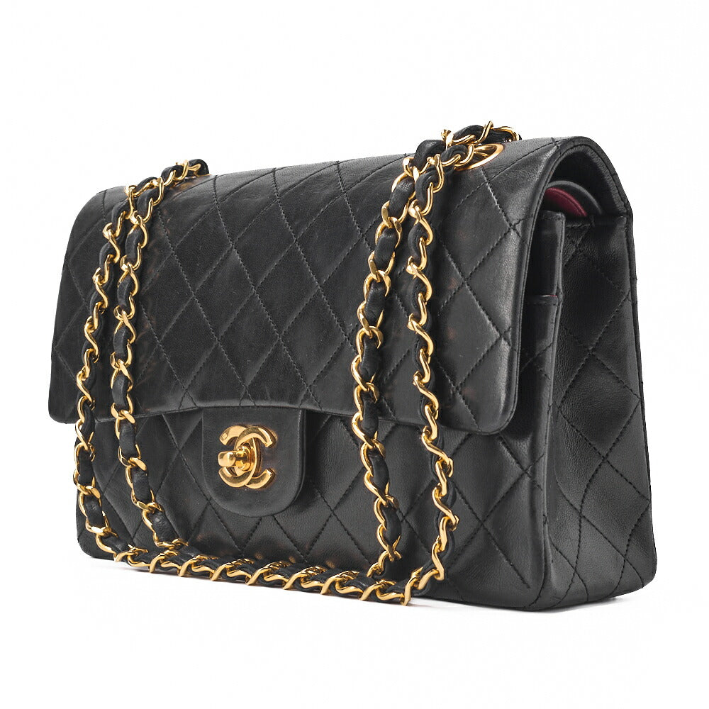 Pre-Owned Kette Schultertasche Matelassé Doppelklappe Lammleder Schwarz Goldfarbene Hardware Pre-Owned