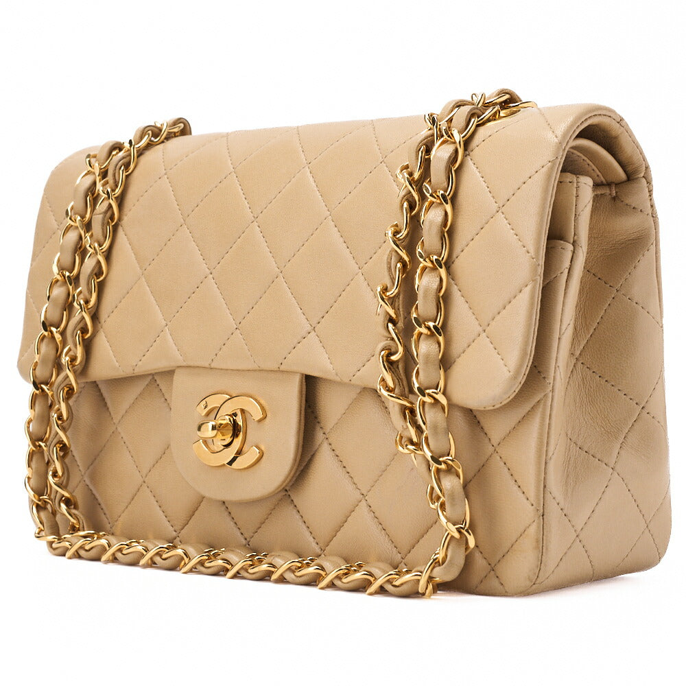 Pre-Owned Kette Schultertasche Matelassé Doppelklappe Lammleder Beige Goldfarbene Hardware Pre-Owned