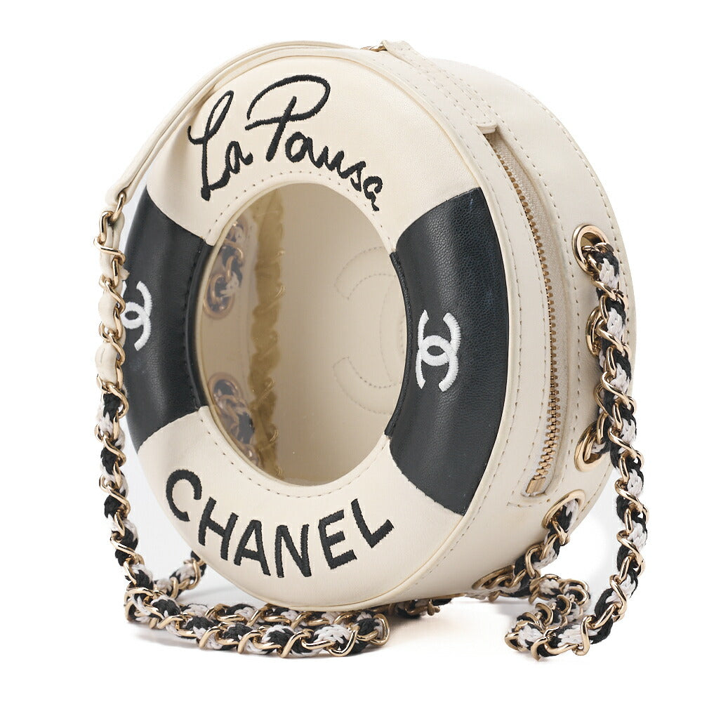 Gebrauchte Umhängetasche, Float Chain Shoulder, Lammleder und Vinyl, Schwarz, Goldfarbene Metallteile, Gebraucht