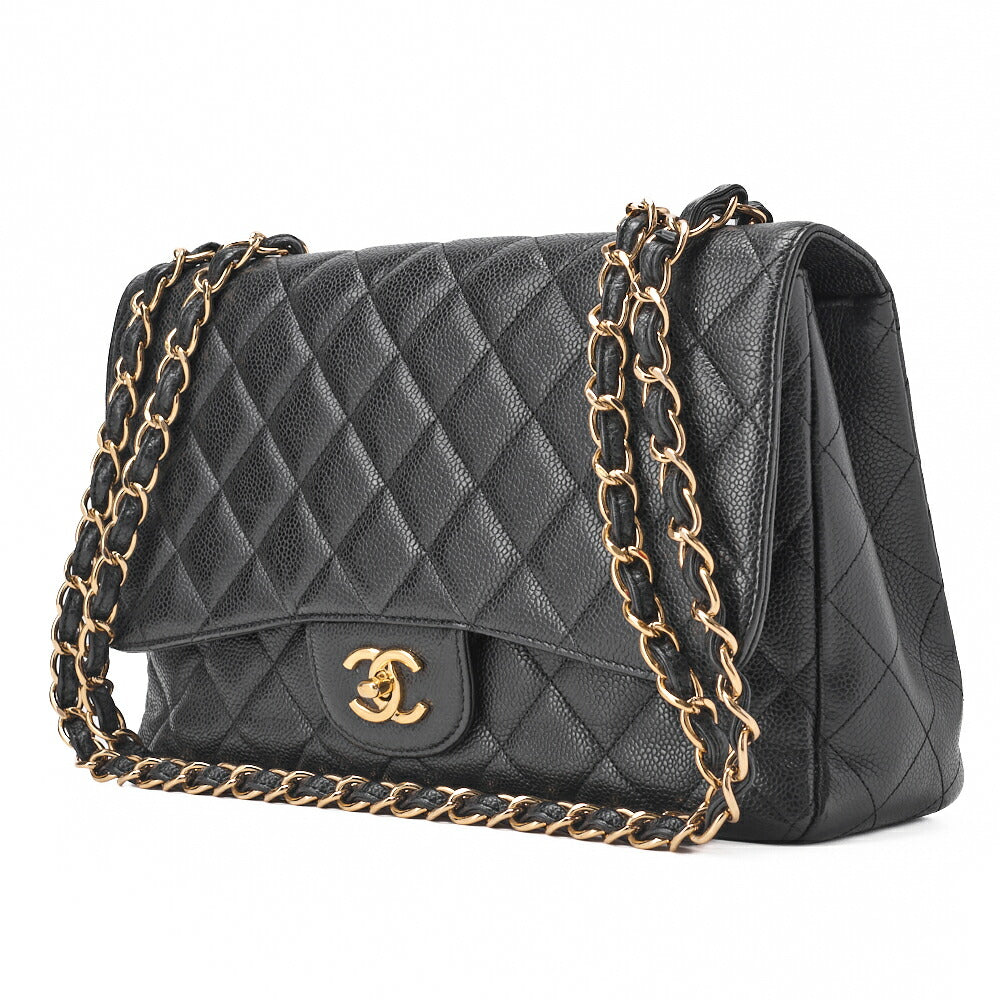 Pre-Owned Chain Shoulder Bag Big Matelassé Caviar Skin Schwarz Silberfarbene Hardware Pre-Owned