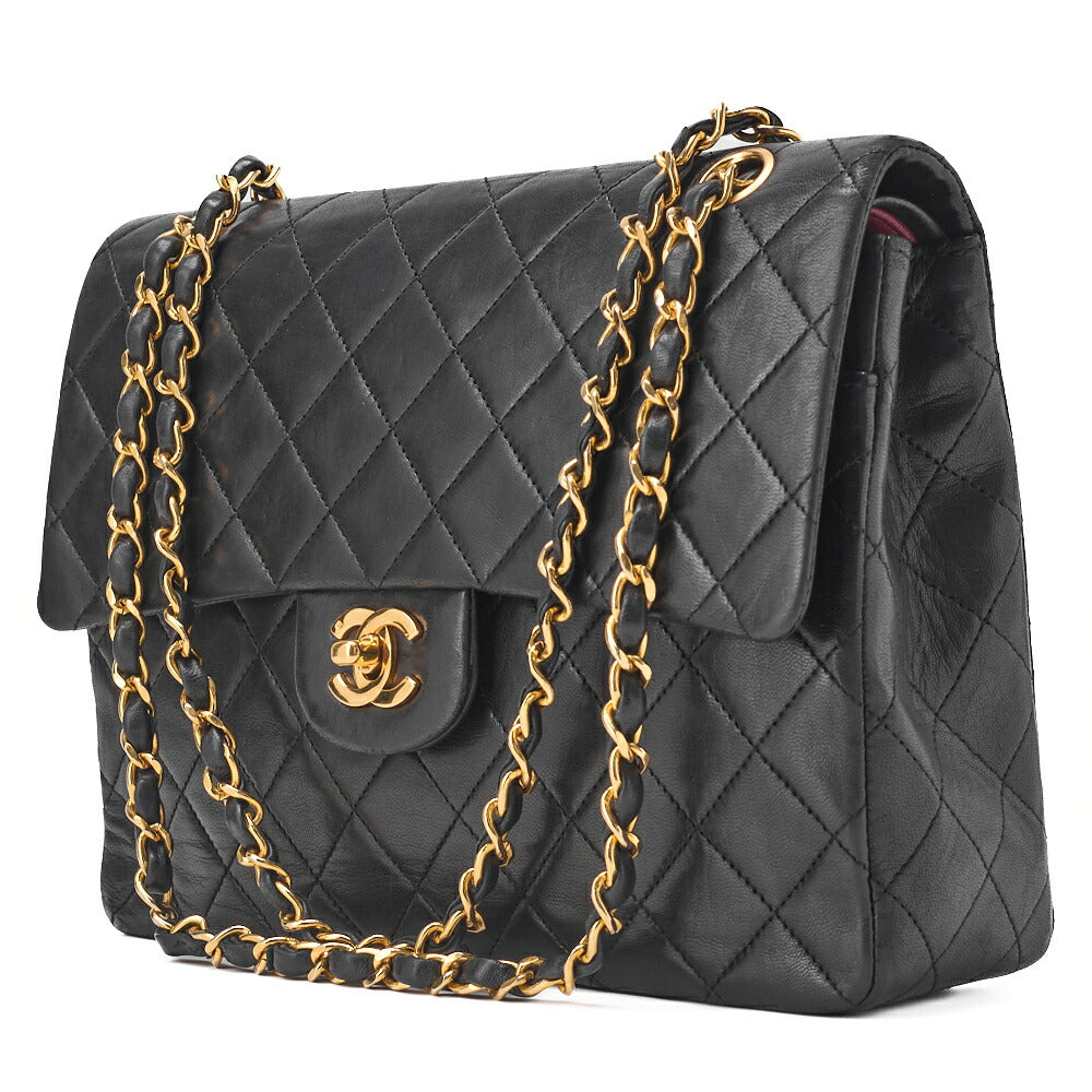 Pre-Owned Kette Schultertasche Matelassé Doppelklappe Lammleder Schwarz Goldfarbene Hardware Pre-Owned