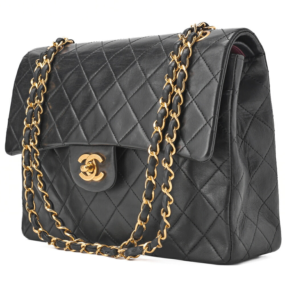 Pre-Owned Kette Schultertasche Matelassé Doppelklappe Lammleder Schwarz Goldfarbene Hardware Pre-Owned