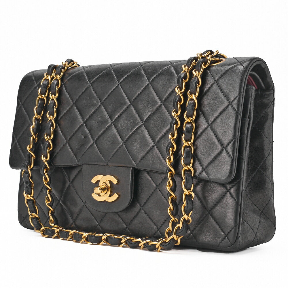 Pre-Owned Schultertasche Matelassé Doppelklappe Lammleder Schwarz Goldfarbene Hardware Pre-Owned