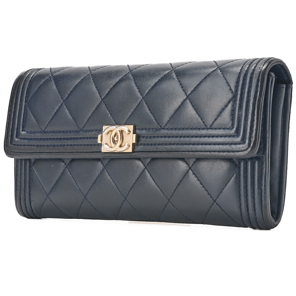 Pre-Owned Boy V-Stitch Runde Lange Geldbörse Caviar Skin Navy Gold-Ton Hardware Pre-Owned