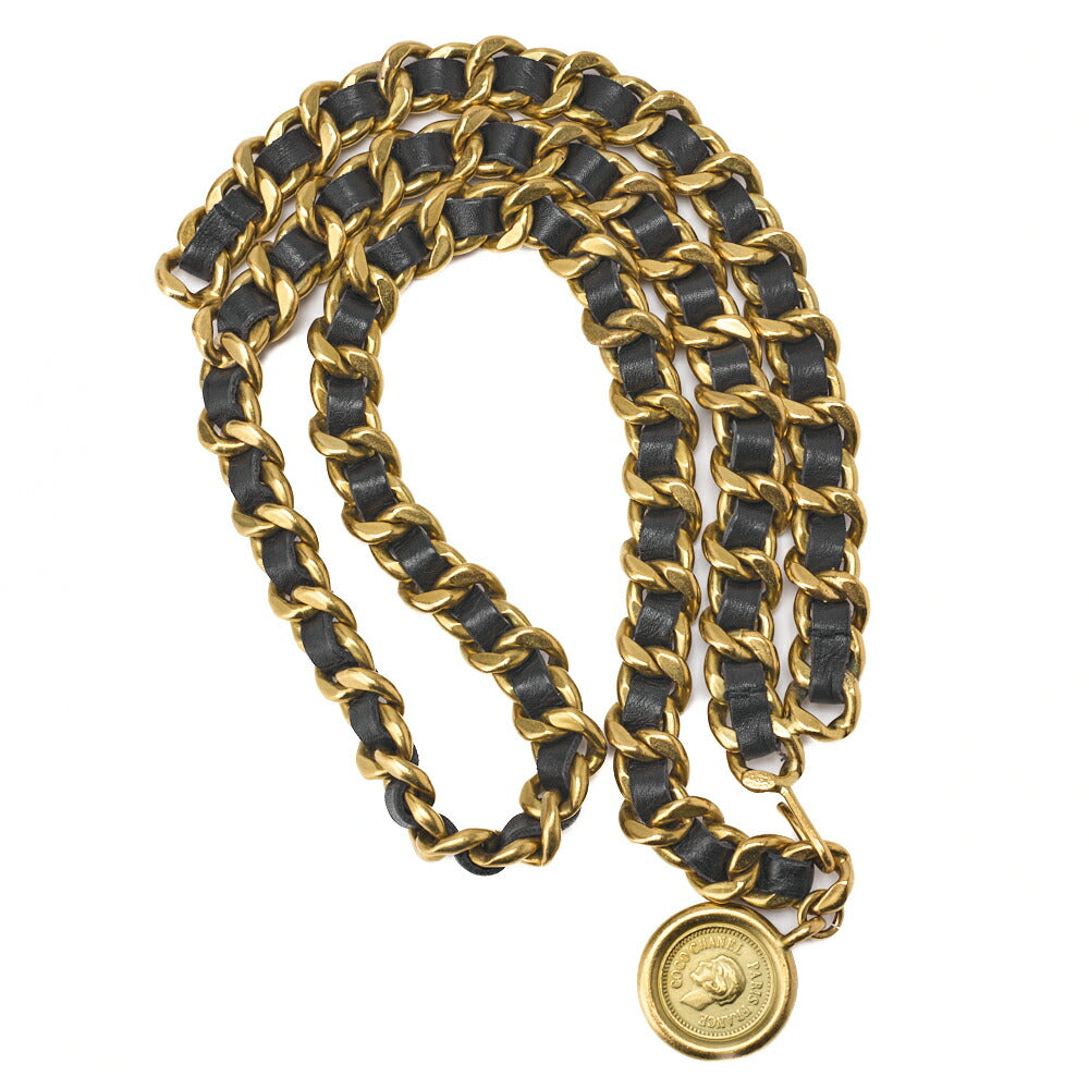 Gebrauchter Kettengürtel, Coco Mark, vergoldetes Leder, Schwarz, goldfarbene Metallteile, gebraucht