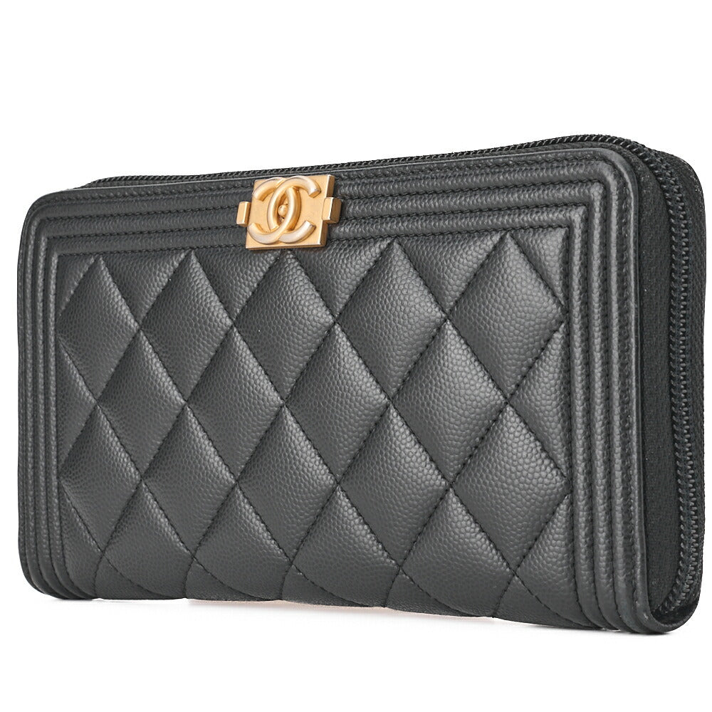 Pre-Owned Boy Matelassé Runde Lange Geldbörse Caviar Skin Schwarz Goldfarbene Hardware Pre-Owned