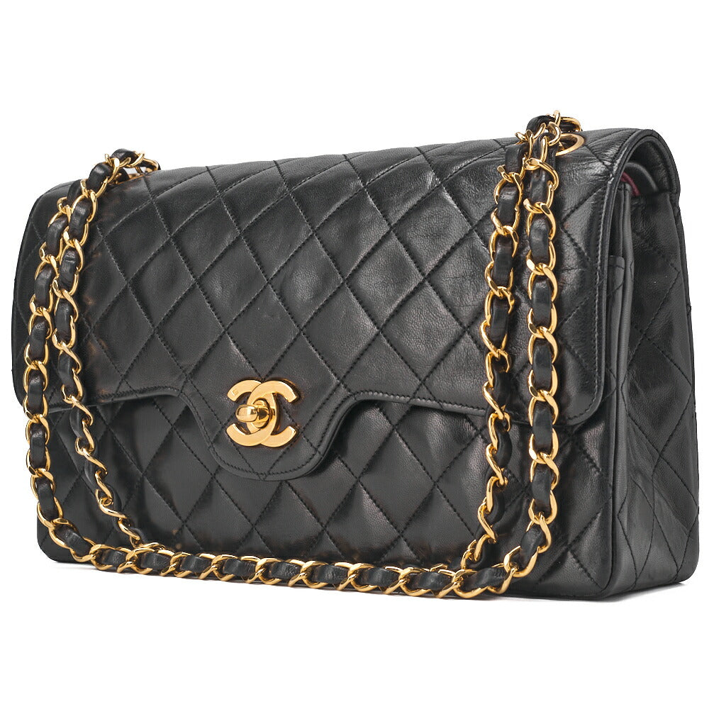 Gebrauchte Umhängetasche, Matelassé Wave Flap Double Flap, Lammleder, Schwarz, Goldfarbene Metallteile, Gebraucht