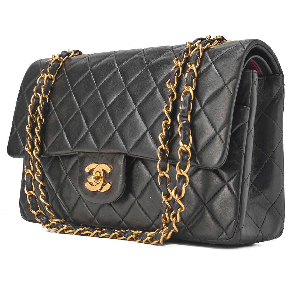 Pre-Owned Schultertasche Matelassé Doppelklappe Lammleder Schwarz Goldfarbene Hardware Pre-Owned