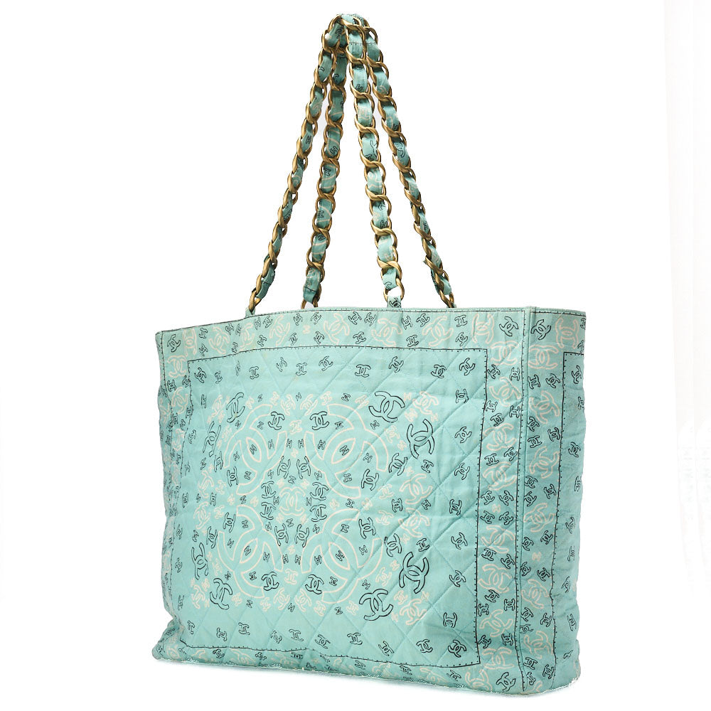 Gebrauchte Tragetasche mit Kette Coco Mark Bandana-Muster Canvas Grün Silberfarbene Hardware Gebraucht
