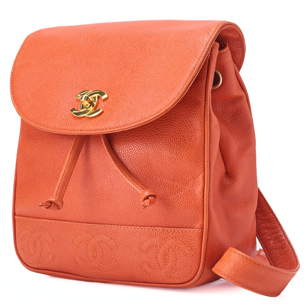 Gebrauchte Rucksacktasche mit Kette und dreifachem Coco-Drehverschluss, Kaviarhaut, Orange, goldfarbene Hardware, gebraucht