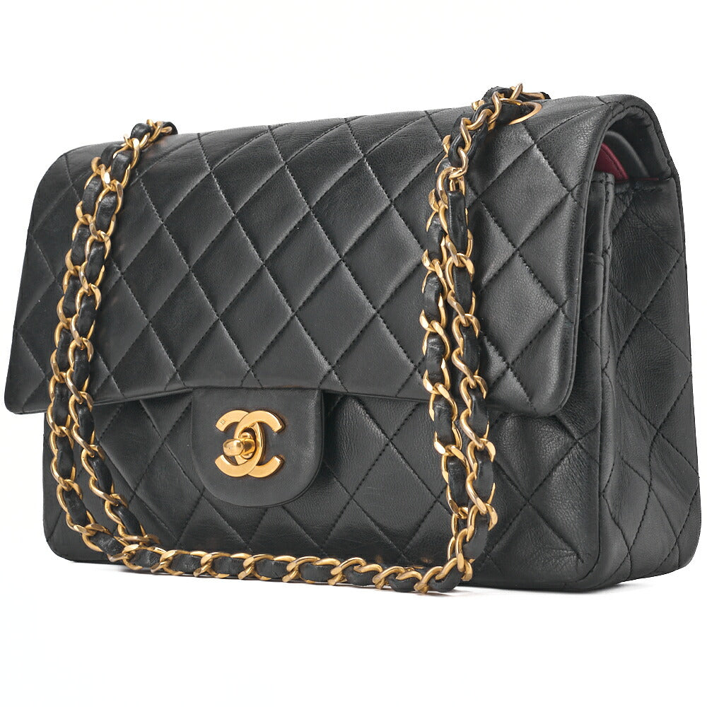 Gebrauchte Umhängetasche Matlasse Double Flap 25cm Chain Shoulder Lammleder Schwarz Goldfarbene Hardware, Gebraucht