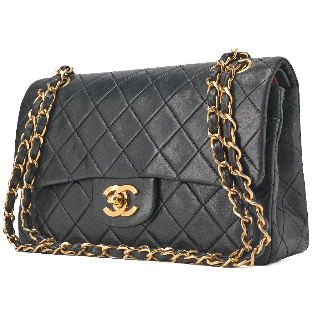 Pre-Owned Kette Schultertasche Matlasse Doppelklappe 23cm Lammleder Schwarz Goldfarbene Hardware, Pre-Owned