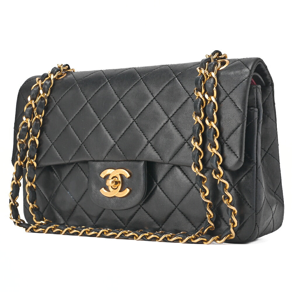 Pre-Owned Kette Schultertasche Matlasse Doppelklappe 23cm Lammleder Schwarz Goldfarbene Hardware, Pre-Owned