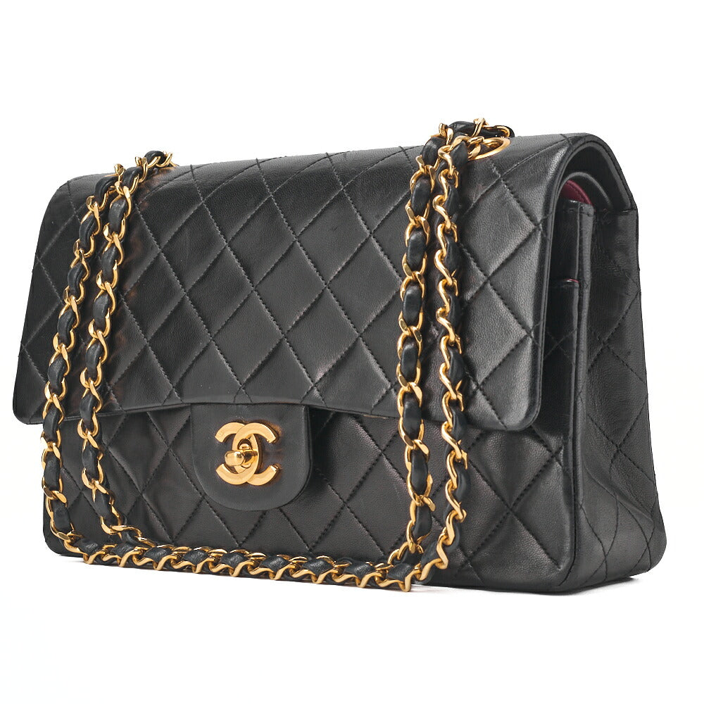 Gebrauchte Umhängetasche Matlasse Double Flap 25cm Chain Shoulder Lammleder Schwarz Goldfarbene Hardware, Gebraucht