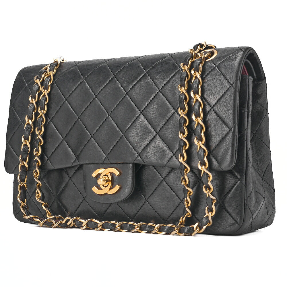 Gebrauchte Umhängetasche Matlasse Double Flap 25cm Chain Shoulder Lammleder Schwarz Gold Goldfarbene Hardware, Gebraucht