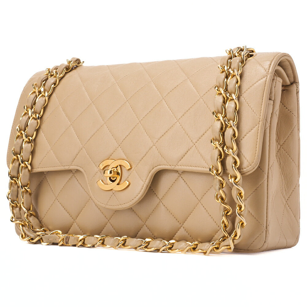 Pre-Owned Kette Schultertasche Matlasse Doppelklappe 23cm Lammleder Beige Goldfarbene Hardware, Pre-Owned