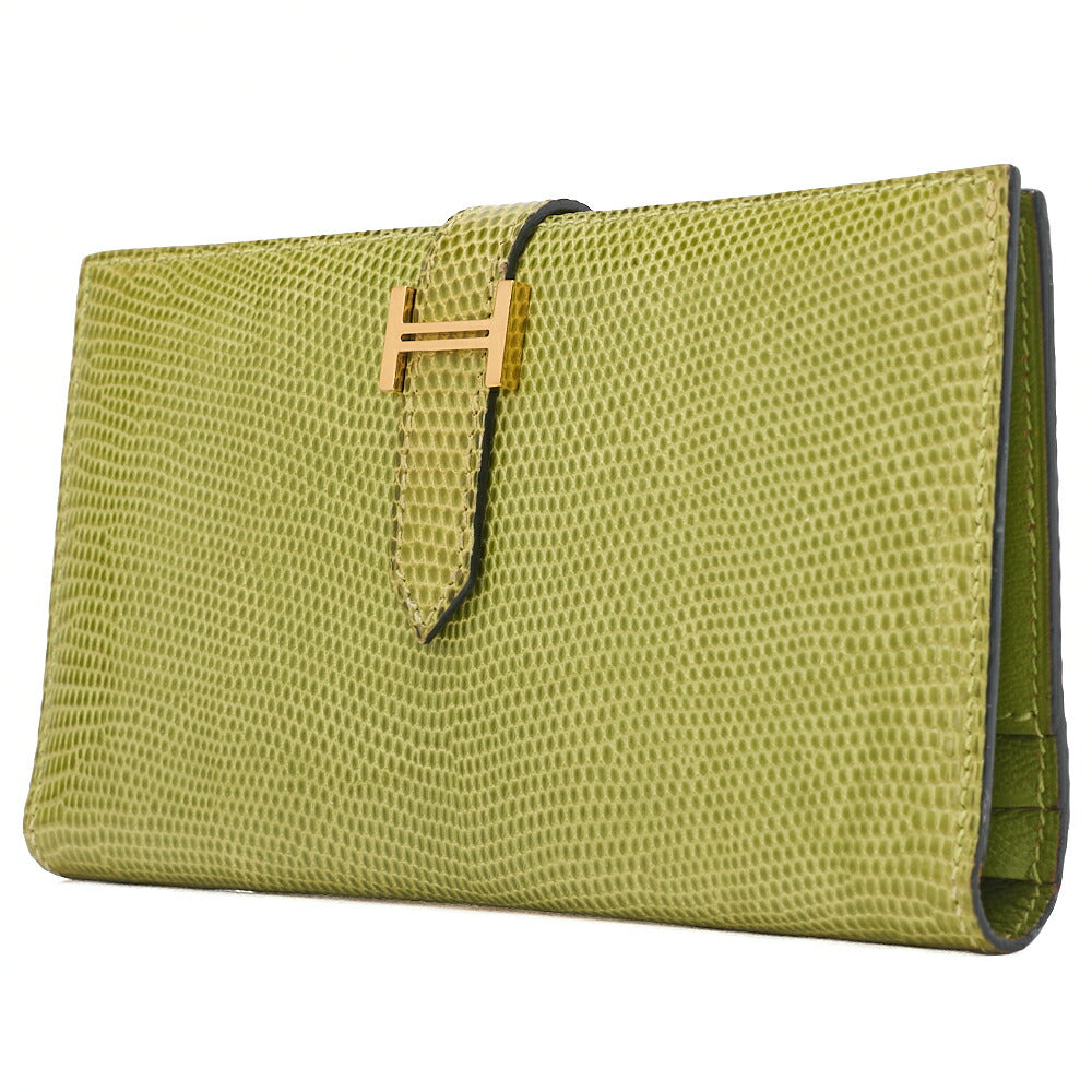 Gebrauchte Béance Souffle 2 Fold Long Wallet Lizard Anisegrin Anisgrün Goldfarbene Hardware, Gebraucht