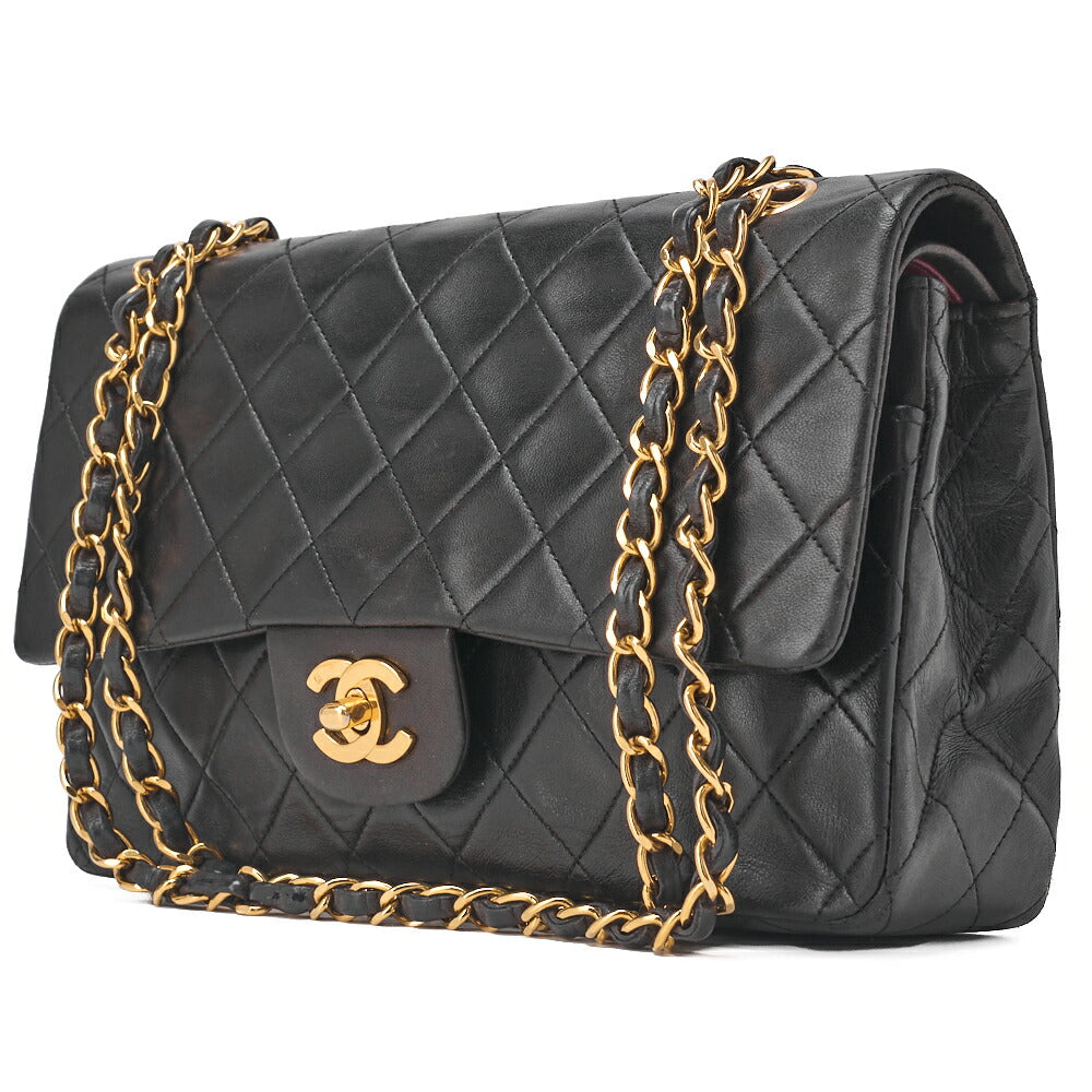 Gebrauchte Umhängetasche Matlasse Double Flap 25cm Chain Shoulder Lammleder Schwarz Goldfarbene Hardware, Gebraucht