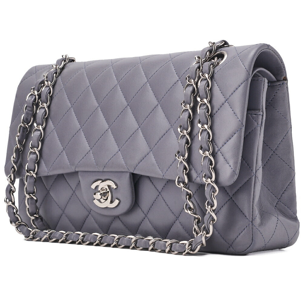Gebrauchte Umhängetasche Matlasse Double Flap 25cm Kette Schulter Lammleder Lila Silberfarbene Hardware, Gebraucht