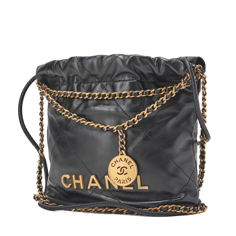 Pre-Owned 22 Mini Kalbsleder Schwarz Kordelzug Kette Schultertasche (Gold-Ton Hardware, Pre-Owned