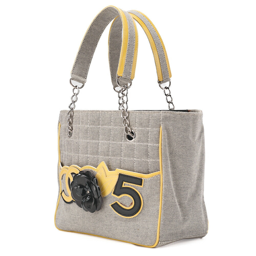 Gebrauchte Tragetasche Choco Bar Camellia Canvas Grau × Gelb Silberfarbene Hardware, Gebraucht