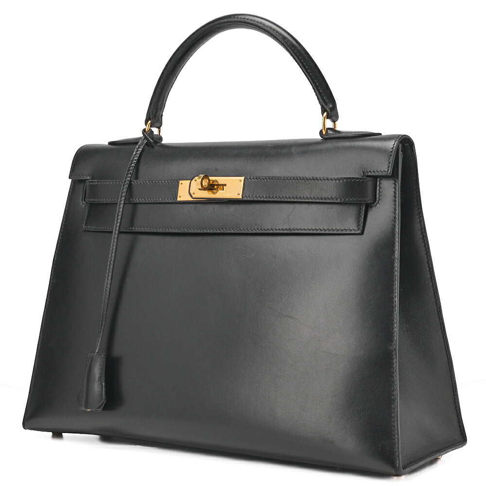 Gebrauchte Kelly 32 Handtasche Box Calf Schwarz Schwarze Außennähte Goldfarbene Hardware, Gebraucht