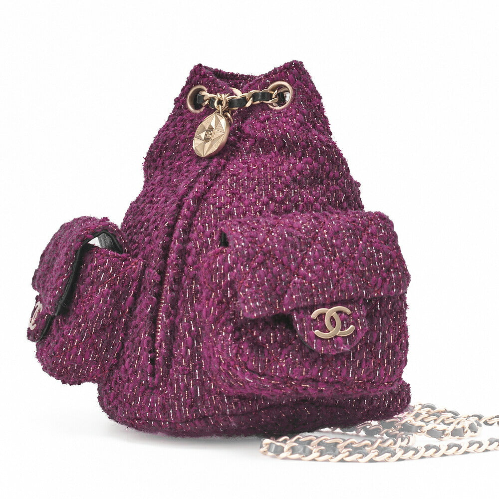 Gebrauchter Rucksack Matelassé Tweed Mini Größe Lila Goldfarbene Hardware, Gebraucht