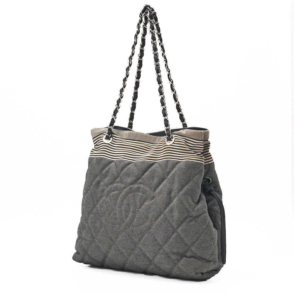 Pre-Owned Schultertasche Denim Coco Mark Grau Silberfarbene Hardware, Pre-Owned