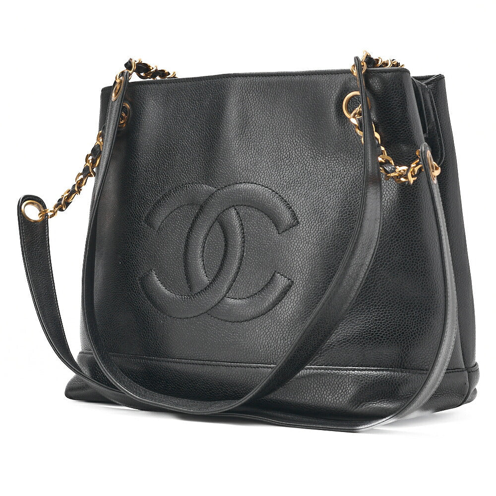 Gebrauchte Umhängetasche Coco Mark Ball Charm Caviar Skin Schwarz Goldfarbene Hardware, Gebraucht