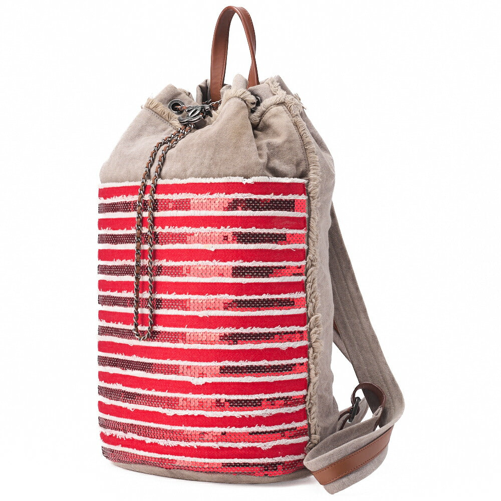 Pre-Owned Border mit Coco Charm Pailletten Kordelzug Rucksack Rot Silberfarbene Hardware, Pre-Owned