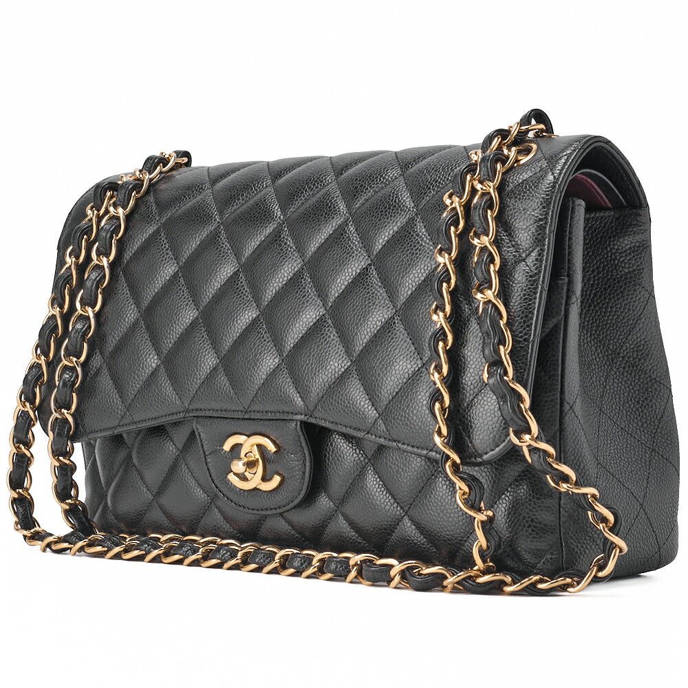 Gebrauchte Umhängetasche mit Kette Deca Matrasse 30 cm Doppelklappe Caviar Skin Schwarz Goldfarbene Hardware, Gebraucht