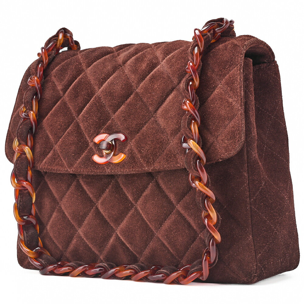 Gebrauchte Umhängetasche Matrasse Wildleder Schildpatt Kunststoff Kette Schulter Braun Goldfarbene Hardware, Gebraucht