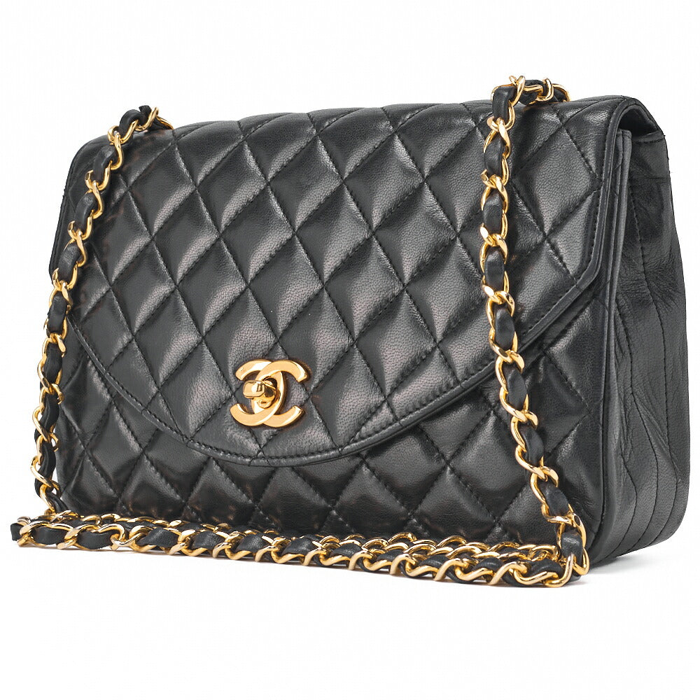 Pre-Owned Kette Schultertasche Matlasse Lammleder Schwarz Runde Klappe Drehverschluss Goldfarbene Hardware, Pre-Owned