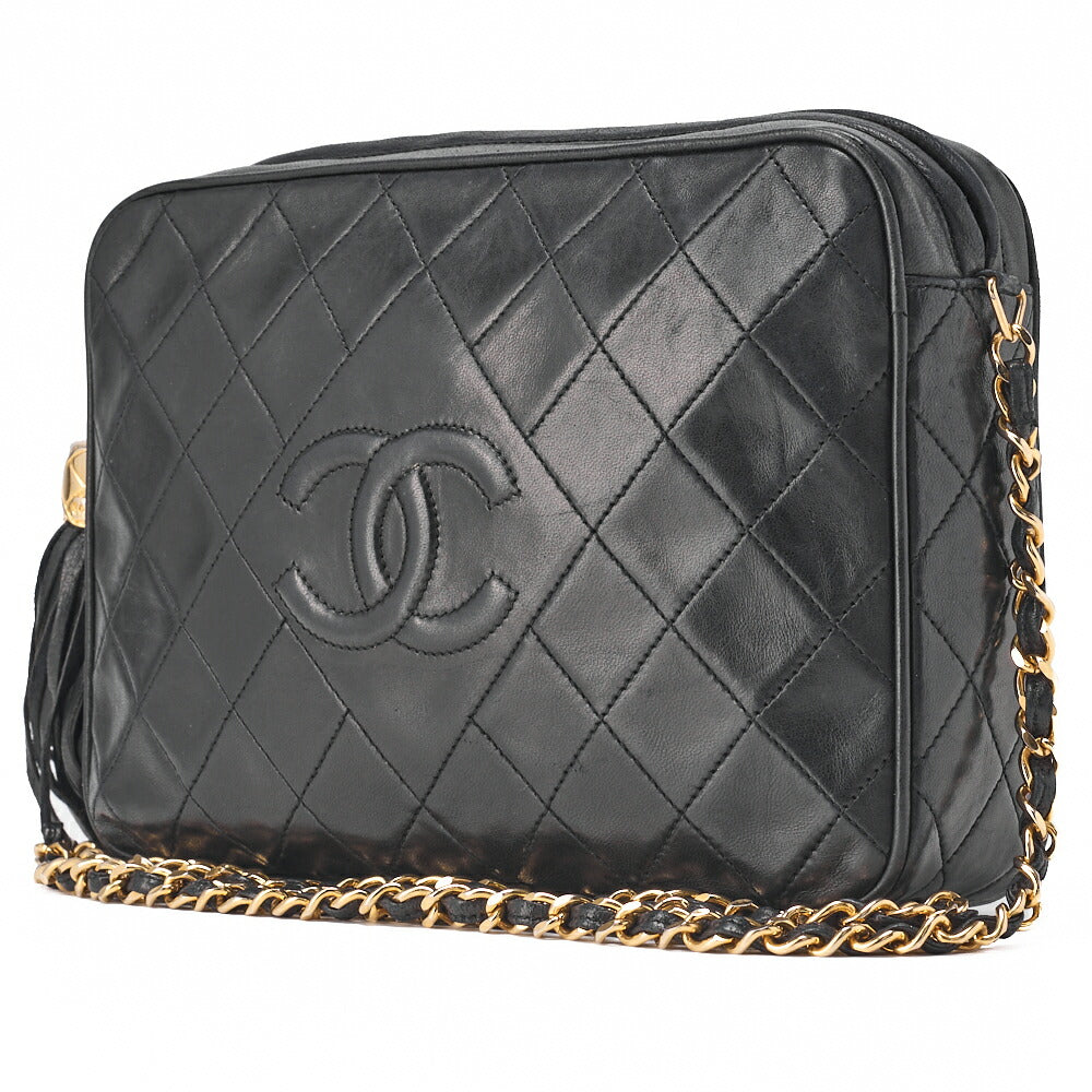 Gebrauchte Matlasse Coco Mark Fransenkette Schultertasche Lammleder Schwarz Goldfarbene Hardware, Gebraucht