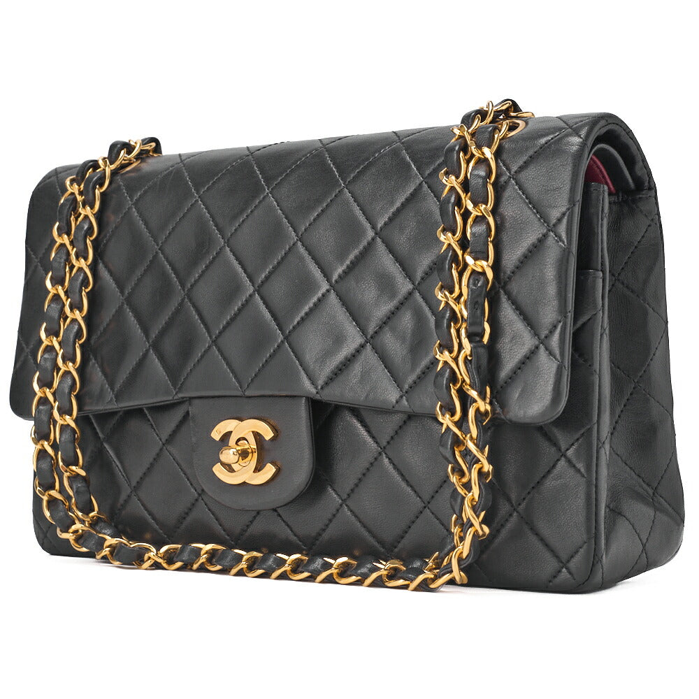 Pre-Owned Shoulder Bag Matelassé Double Flap 25cm Chain Shoulder Lambskin Black Gold-Tone Hardware, Pre-Owned