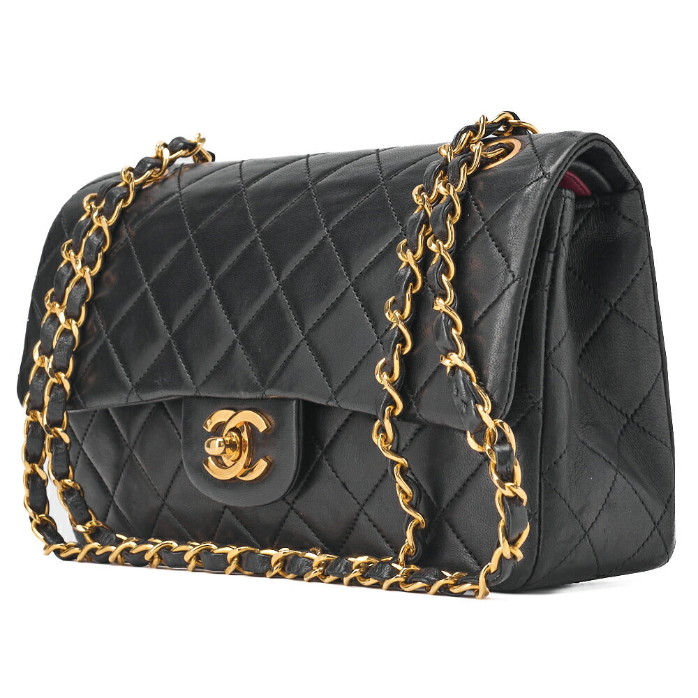 Pre-Owned Chain Shoulder Bag Matelassé Double Flap 23cm Lambskin Black Gold-Tone Hardware, Pre-Owned